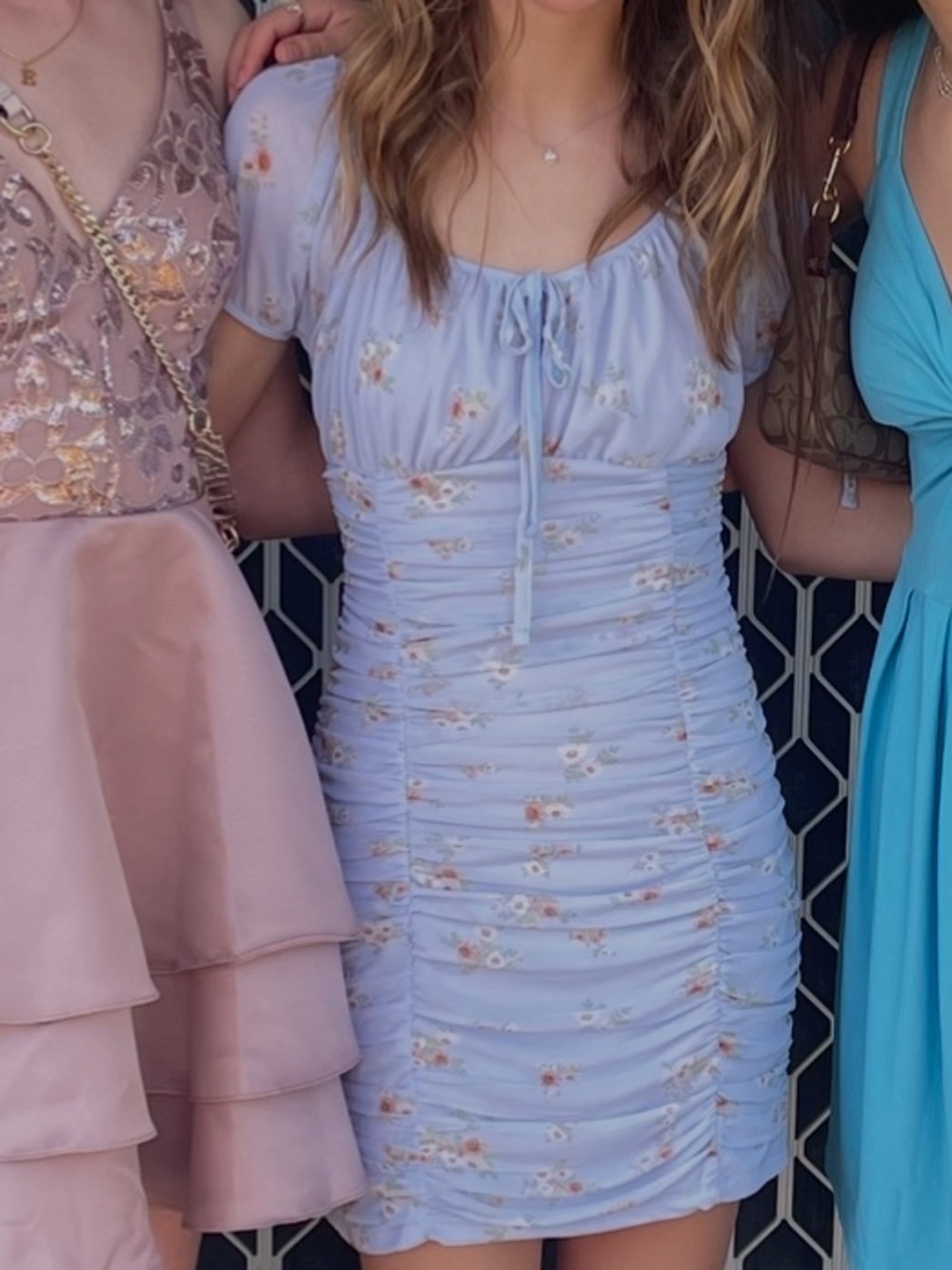 Light Blue Floral Ruched Mini Dress with Tie Straps
